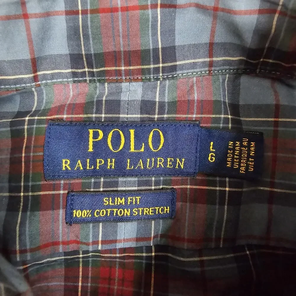 Polo Ralph Lauren Shirt Large Blue Plaid Slim Fit Stretch Preppy Academia Ivy
